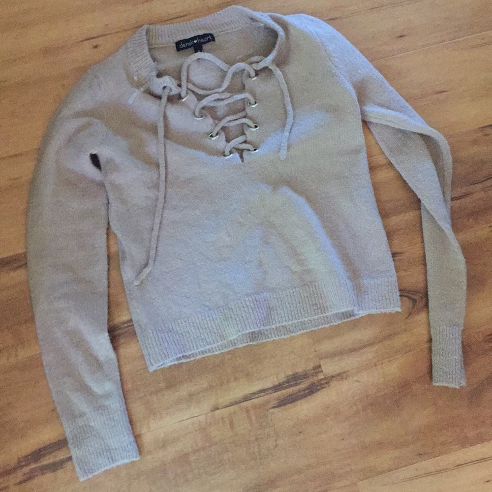 Super soft comfy tan lace up sweater